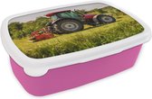 Broodtrommel Roze - Lunchbox - Brooddoos - Trekker - Rood - Natuur - Groen - Platteland - 18x12x6 cm - Kinderen - Meisje
