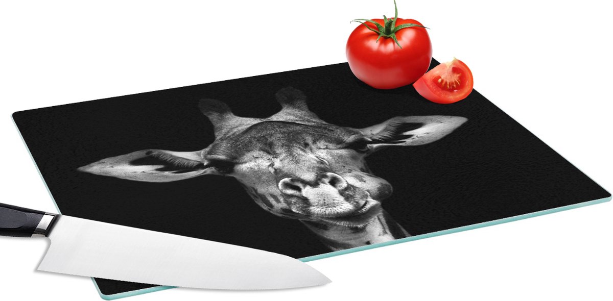 Glazen Snijplank - 39x28 - Giraffe - Portret - Dieren - Zwart - Wit - Snijplanken Glas