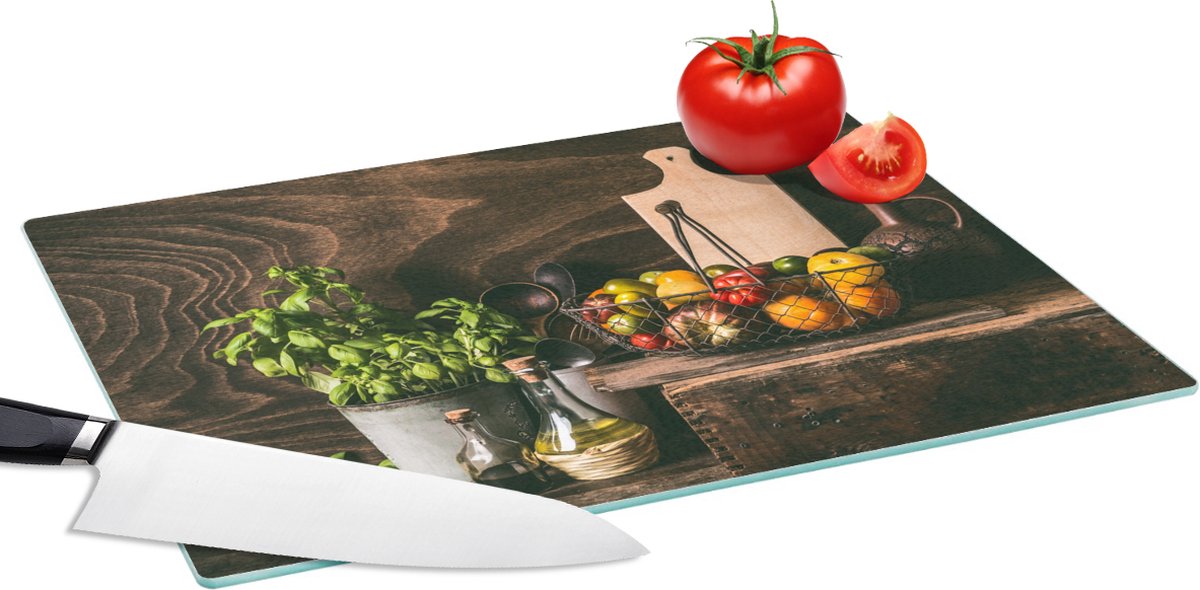 Glazen Snijplank - 39x28 - Groente - Kruiden - Rustiek - Stilleven - Basilicum - Snijplanken Glas