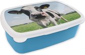 Broodtrommel Blauw - Lunchbox - Brooddoos - Koe - Weiland - Natuur - Dieren - Gras - 18x12x6 cm - Kinderen - Jongen