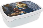 Broodtrommel Wit - Lunchbox - Brooddoos - Melkmeisje - Delfts Blauw - Vermeer - Schilderij - Oude meesters - 18x12x6 cm - Volwassenen