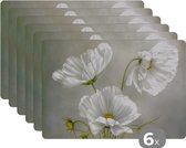 Placemat - Placemats kunststof - Bloemen - Stilleven - Klaproos - Wit - Botanisch - 45x30 cm - 6 stuks - Hittebestendig - Anti-Slip - Onderlegger - Afneembaar
