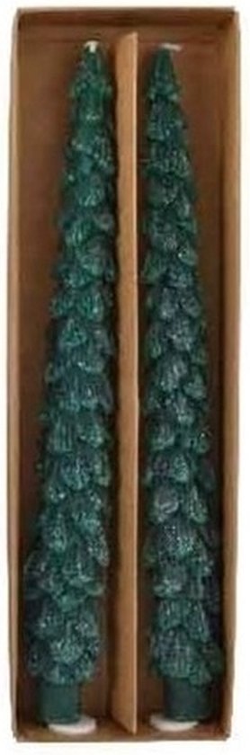 2x Kerstboom kerst kaarsen donkergroen 26 cm - kerstdiner kaarsen