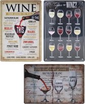Cadeau pakket 3x Wandbord – Wijn - Wine - Vintage - Retro -  Wanddecoratie – Reclame bord – Restaurant – Kroeg - Bar – Cafe - Horeca – Metal Signs – Verjaardag mannen vrouwen – Heren dames