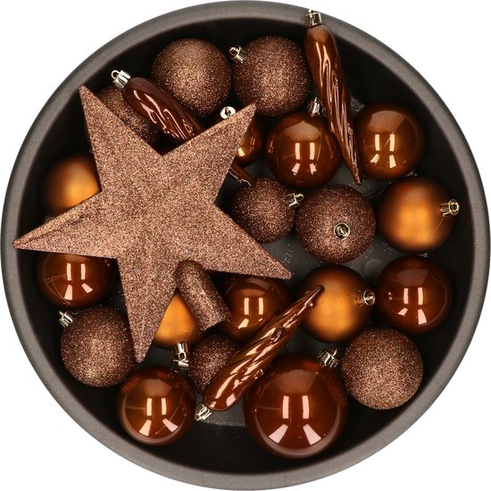 Set de 33 x boules de Noël en plastique avec pic étoile mélange brun cannelle - Incassable - Décorations de Noël/ décorations d'arbres