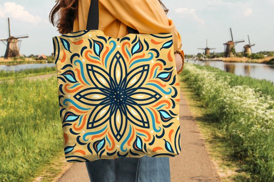 Sac bandoulière - Sac de plage - Shopper Bloem - Feuilles - Zwart - Jaune - 45x45 cm - Sac en coton