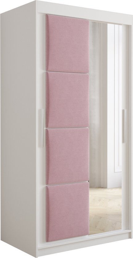InspireMe - Kledingkast met 2 schuifdeuren, Modern-stijl, Kledingkast met planken, Kastfronten met spiegel en gestoffeerde panelen (BxHxD): 100x200x62 - TAPILA 100 - Wit Mat + Roze