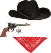 Boland - Carnaval verkleed set cowboyhoed zwart - rode zakdoek en pistool