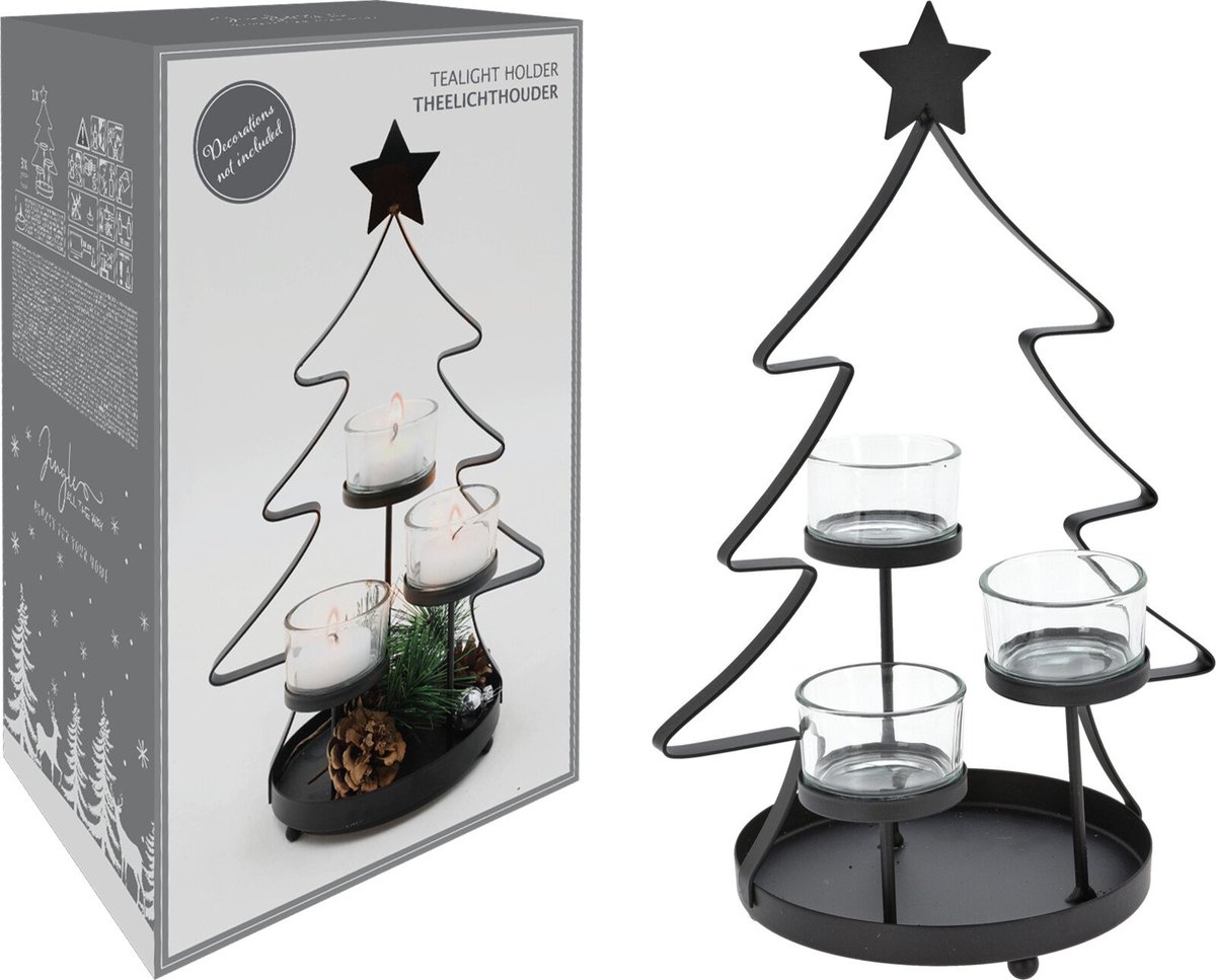 Homestyle Kerstboom Theelichthouders - Branders - 19x14x29.5 cm Zwart