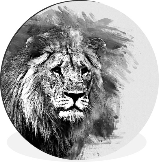 WallCircle - Cercle Mural - Cercle Mural - Lion - Zwart - Wit - Aluminium - Dibond - 90x90 cm - Intérieur et Extérieur