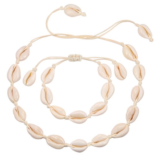 Fako Bijoux® - Collier & Bracelet Coquillage - Choker - Set Coquillage - Sans Noeud - Wit