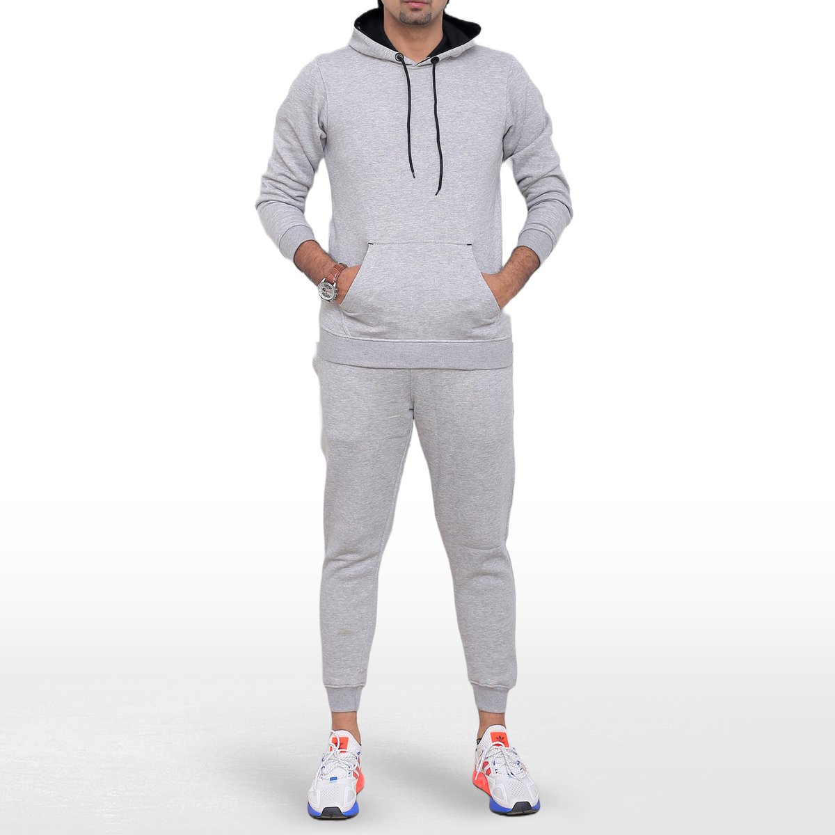 ICONICX Mens Plain Tracksuit Fleece Pullover Hoodie Pants Hooded Sweatshirt with Trousers Cotton Jogging Suit Exercise, Fitness, Boxing MMA, GREY