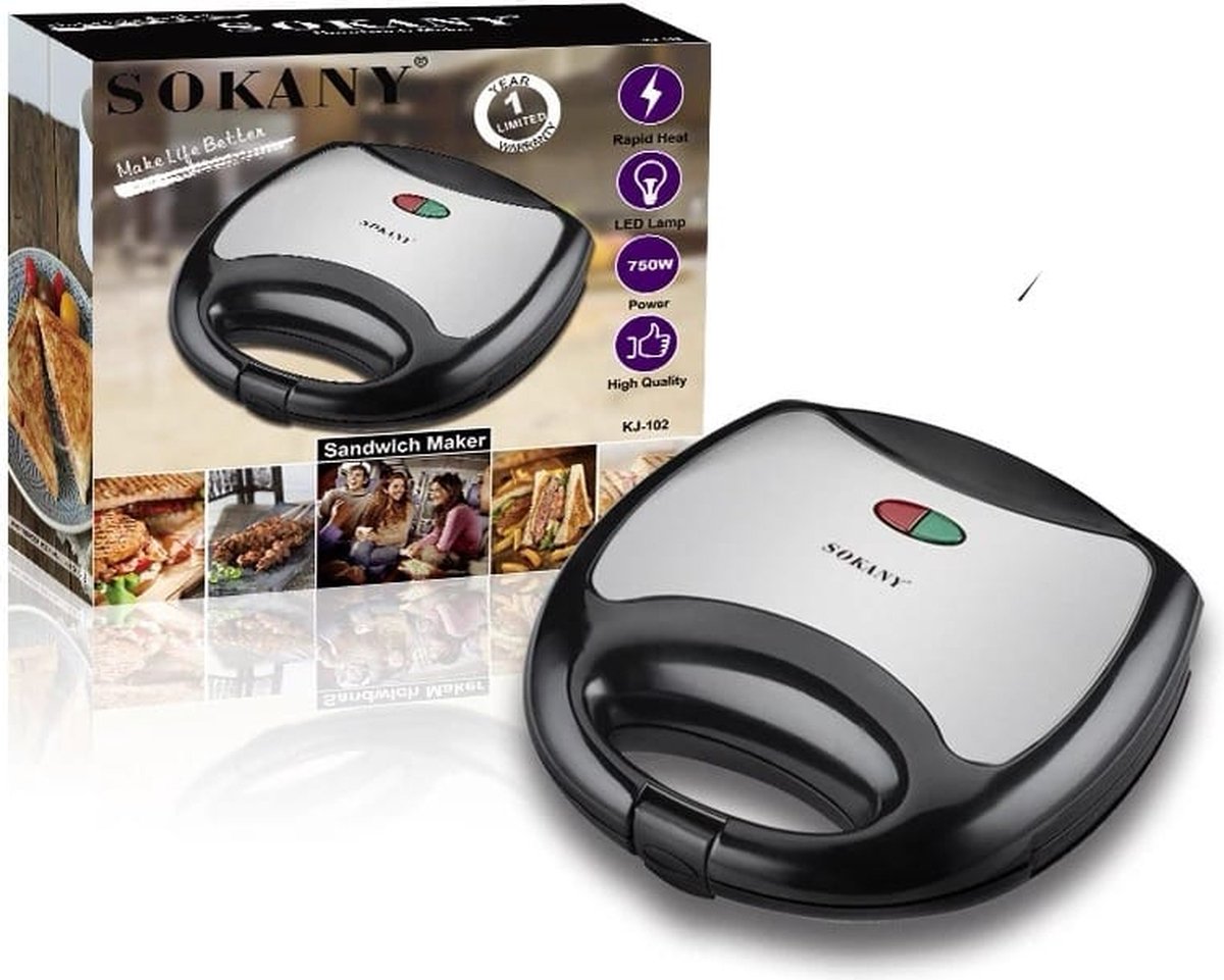 Sokany Sandwich Maker (KJ118) Grill Apparaat 750 Watt, Silver and Black Sokany...