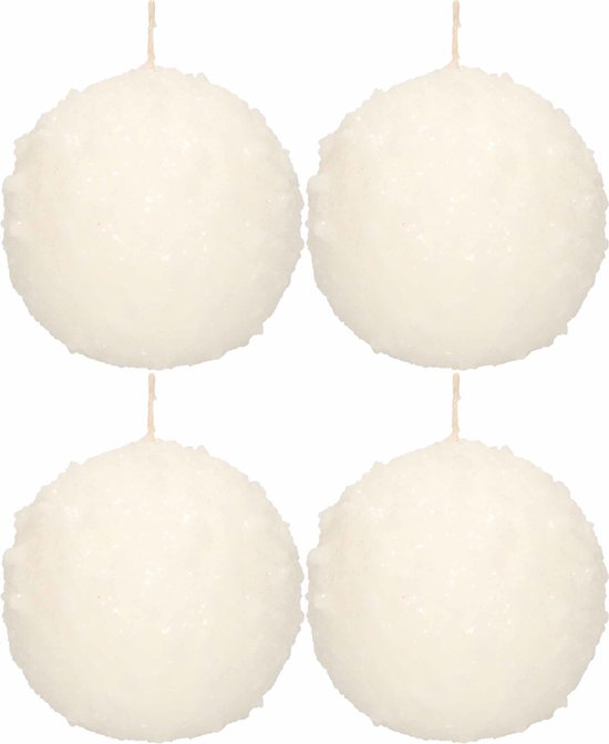 4x Witte sneeuwbal bolkaarsen 10 cm 67 branduren - Kerst kaarsjes - Sneeuwballen ronde geurloze kaarsen - Woondecoraties