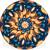 WallCircle - Wandcirkel - Muurcirkel - Zonnebloemen - Bladeren - Oranje - Blauw - Aluminium - Dibond - ⌀ 90 cm - Binnen en Buiten