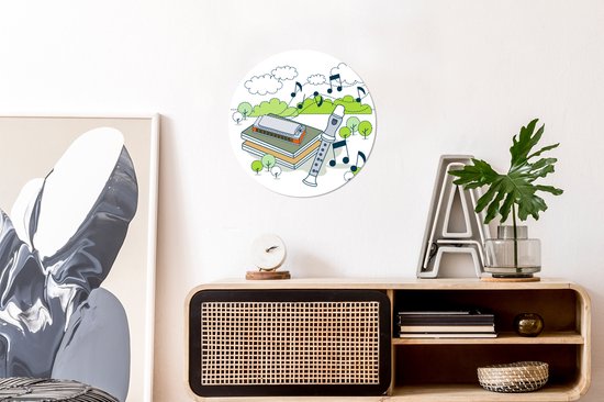 Illustrations d'une flûte avec arbres et notes de musique Cercle mural aluminium ⌀ 30 cm - Tirage photo sur cercle mural / cercle vivant / cercle de jardin (décoration murale)