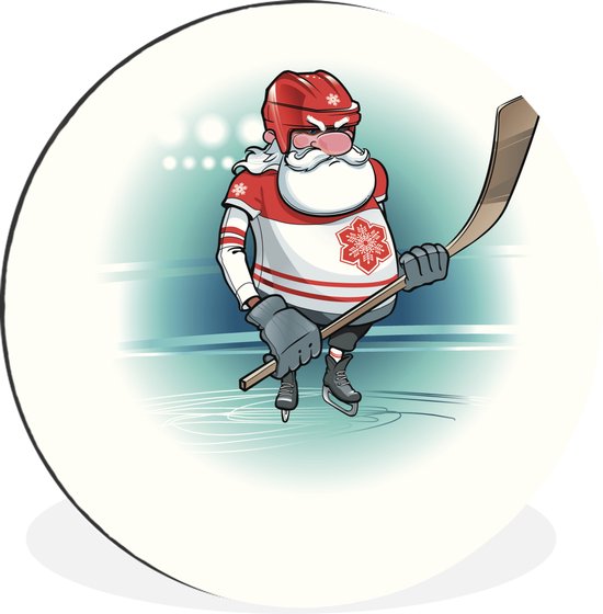 WallCircle - Wandcirkel - Muurcirkel - De kerstman speelt ijshockey in een illustratie - Aluminium - Dibond - ⌀ 30 cm - Binnen en Buiten