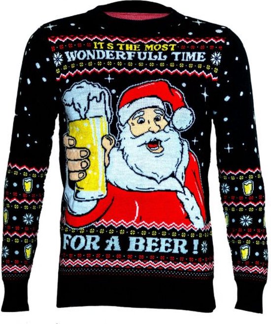 Pull de Noël Père Noël avec bière - Taille XL - Pull de Noël moche - Tricoté - Drunken Dinos