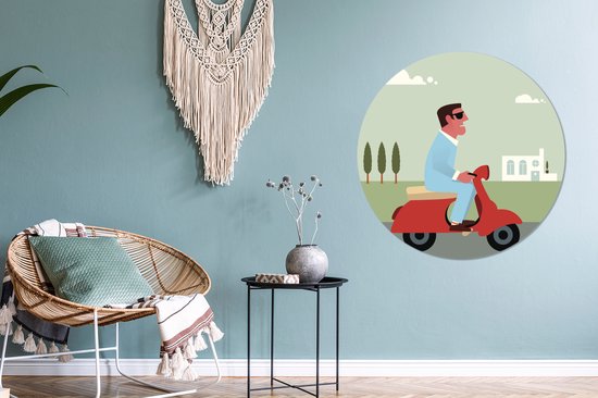 Illustration d'un homme sur un mur Vespa rouge cercle aluminium ⌀ 90 cm - tirage photo sur cercle mural / cercle vivant / cercle jardin (décoration murale)