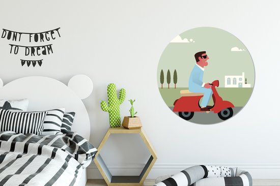 Illustration d'un homme sur un mur Vespa rouge cercle aluminium ⌀ 90 cm - tirage photo sur cercle mural / cercle vivant / cercle jardin (décoration murale)