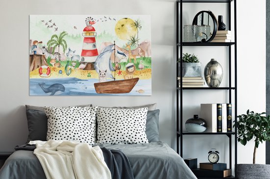 Toile - Chambre d'enfant - Enfant - Phare - Plage - Mer - Animaux - Bateau - Peinture sur toile - Toile canvas - 120x80 cm