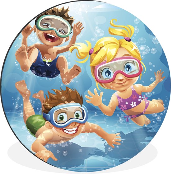 WallCircle - Wandcirkel - Muurcirkel - Kinderillustratie van zwemmende kinderen - Aluminium - Dibond - ⌀ 30 cm - Binnen en Buiten