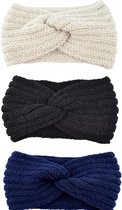 3 Stuks - Gebreide Winter Dames Oorwarmers Haarband met Knoop - Navy Crème Zwart