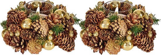 Kerststukjes/theelichthouders 2x st - 18 cm - goud - met waxinelichtjes