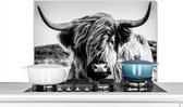 Spatscherm keuken 90x60 cm - Kookplaat achterwand Koe - Schotse hooglander - Zwart - Wit - Dier - Natuur - Wild - Muurbeschermer - Spatwand fornuis - Hoogwaardig aluminium - Alternatief voor spatscherm van glas