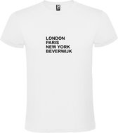 Wit T-Shirt met “ LONDON, PARIS, NEW YORK, BEVERWIJK “ Afbeelding Zwart Size XXL