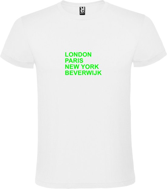 Wit T-Shirt met “ LONDON, PARIS, NEW YORK, BEVERWIJK “ Afbeelding Neon Groen Size XXXXL