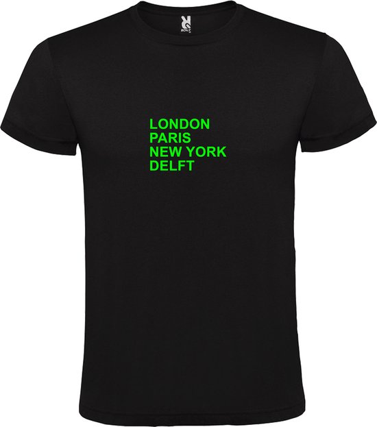 Zwart T-Shirt met “ LONDON, PARIS, NEW YORK, DELFT “ Afbeelding