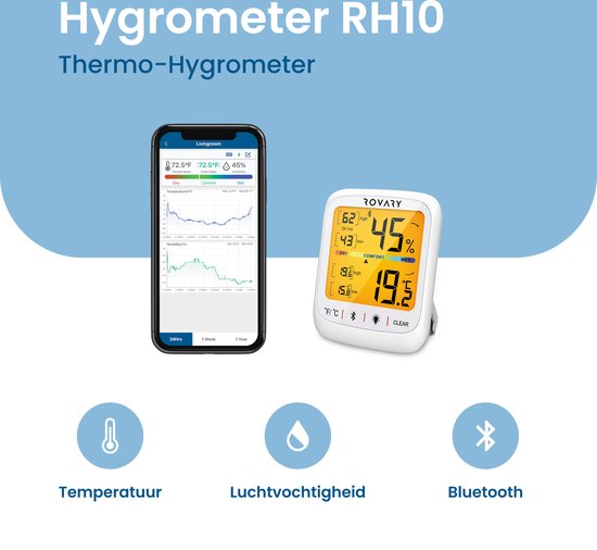 RH10 Hygrometer met App - luchtvochtigheidsmeter - thermometer - thermometer... | bol.com