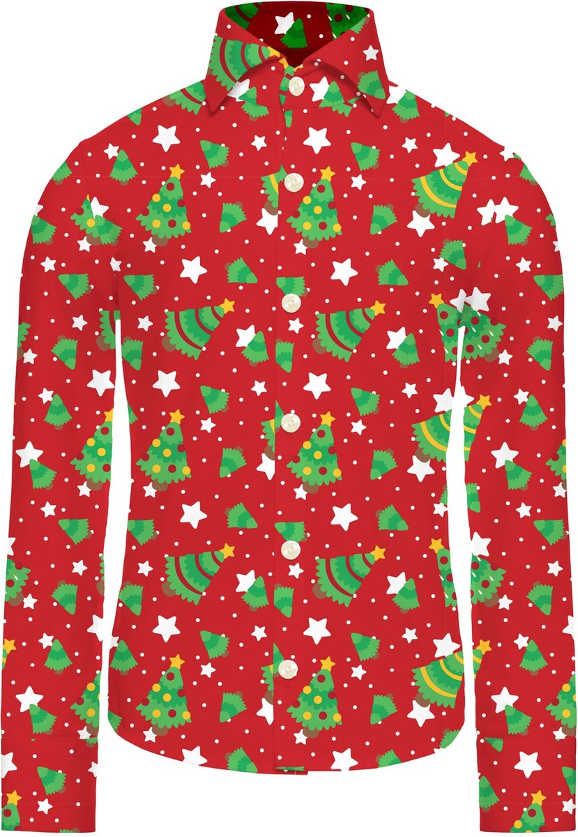 Suitmeister Christmas Trees Stars Red - Kids Overhemd - Kerst Outfit - Rood - Maat XL