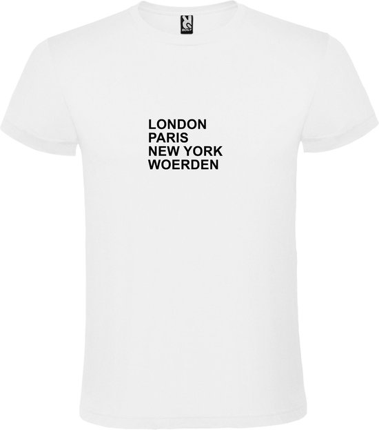 Wit T-Shirt met “ LONDON, PARIS, NEW YORK, WOERDEN “ Afbeelding Zwart Size XS