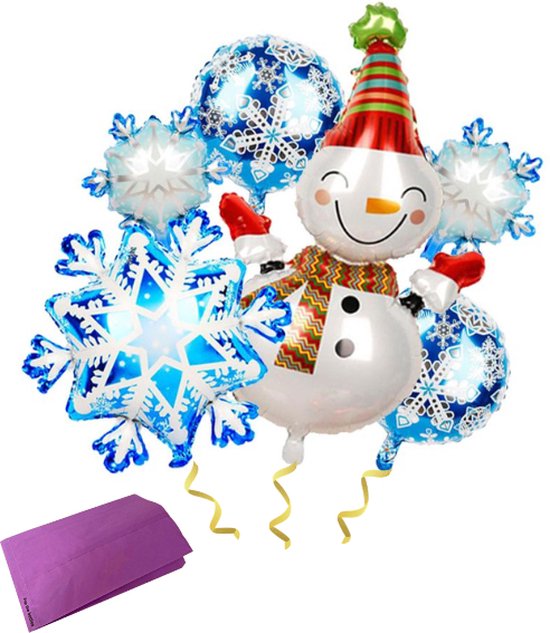 XL Ballonnen Set Winter - 6 folieballonnen met Reuze sneeuwpop 109 cm en sneeuwvlokken decoratie - Met lint en rietje - Winterfeest ballonnen Winterdecoratie Winterversiering Feestversiering Winter Sneeuwman Kerst Kerstmis Kerstfeest Oud en nieuwjaar