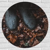 WallClassics - Muursticker Cirkel - Regenlaarsjes in Herfstbladeren - 70x70 cm Foto op Muursticker