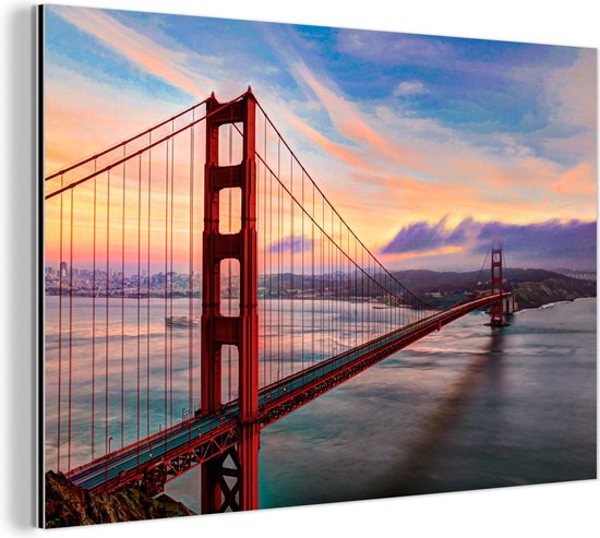 Kleurrijke zonsondergang boven de Golden Gate Bridge in San Francisco Aluminium 180x120 cm - Foto print op Aluminium (metaal wanddecoratie) XXL / Groot formaat!