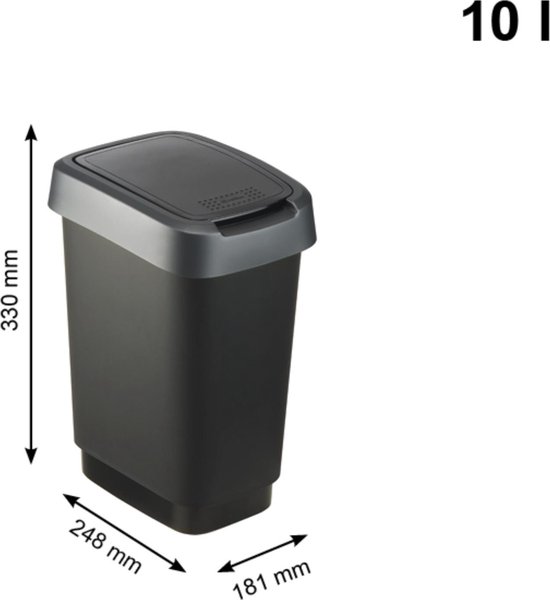 Poubelle gris foncé Rotho, 10L, avec bord de couvercle gris. Dimensions: 330 mm de haut, 248 mm de large, 181 mm de profondeur.