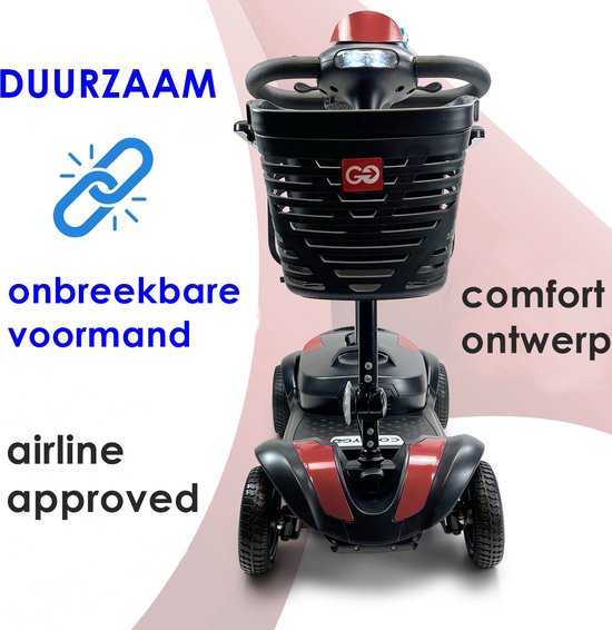Zwarte scootmobiel met rode accenten, een mandje en een zwarte stoel. Tekst 'DUURZAAM', 'onbreekbare voormand', 'airline approved'.