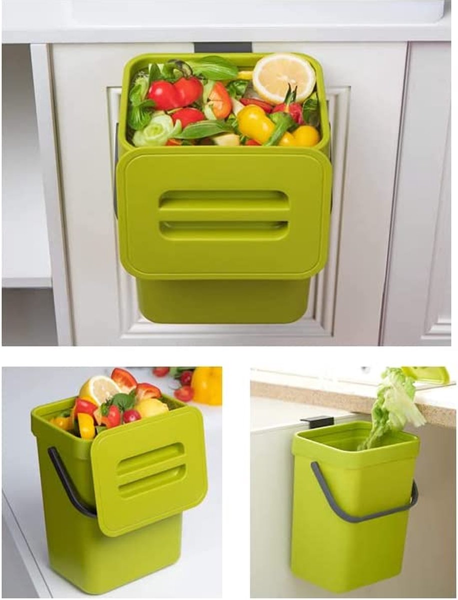 Kleine compostbak voor keuken -1,3 gallons/5L prullenbak voor keuken, aanrecht containerbak met deksel voor vuilniscomposter keuken-indoor vuilnisbak voor keuken (groen-A)