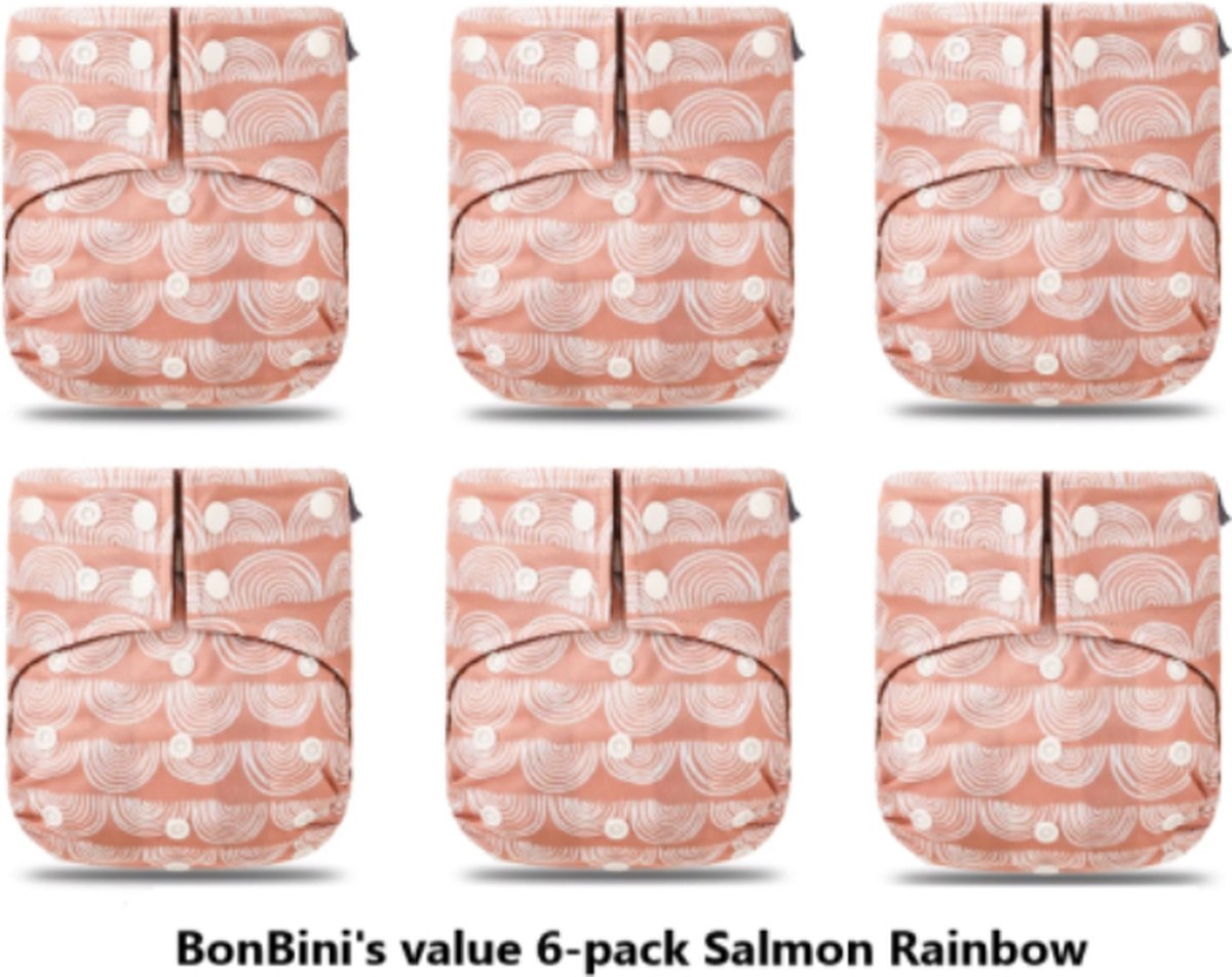 Goedkoopste BonBini's luiers - wasbare luiers - 6-pack Salmon rainbow 3-15 kg - luierbroekje - dubbele antilek preventie - drukknoopjes en verstelbaar maat S, M, L maat 1 t/m 5NEW 6 pack