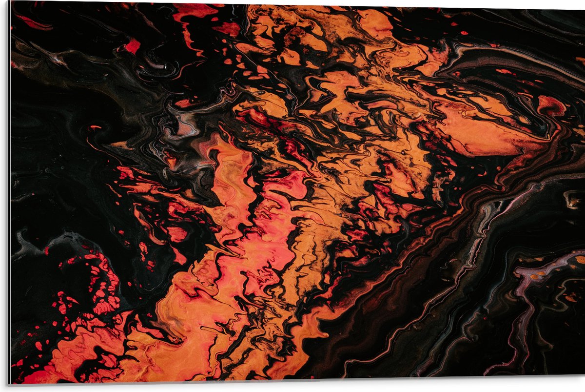 Dibond - Rood/oranje/Zwarte Verf - 75x50 cm Foto op Aluminium (Wanddecoratie van metaal)