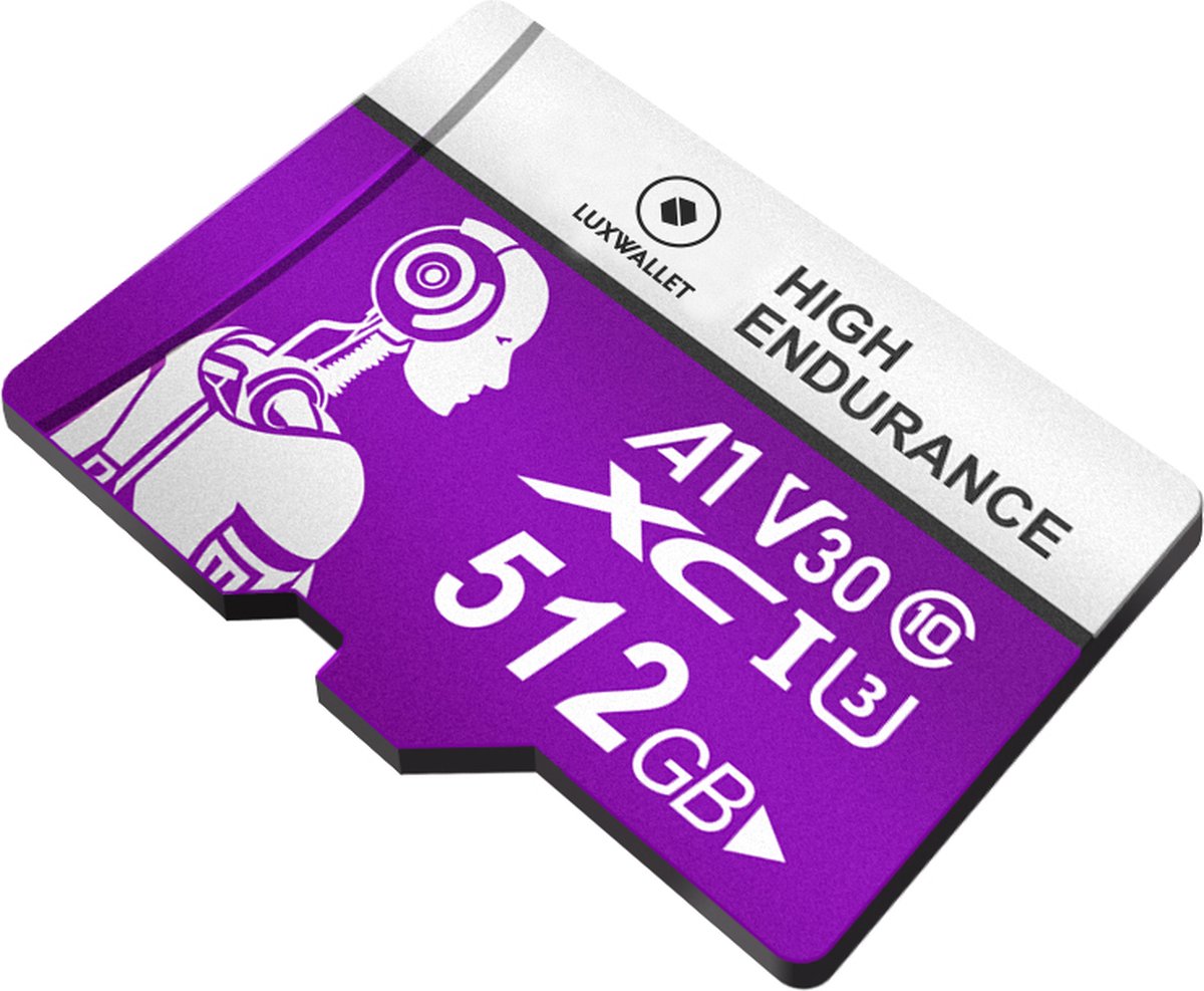 LUXWALLET® XC U3 - 512 GB Micro SD Kaart - TF Klasse 10 - High Endurance - Snelle Gegevensoverdracht - Paars thumbnail 3