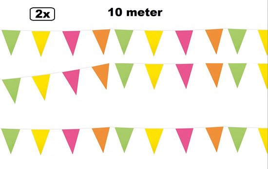 Twee vlaggenlijnen van 10 meter, met gele, roze, oranje en groene driehoekige vlaggetjes.