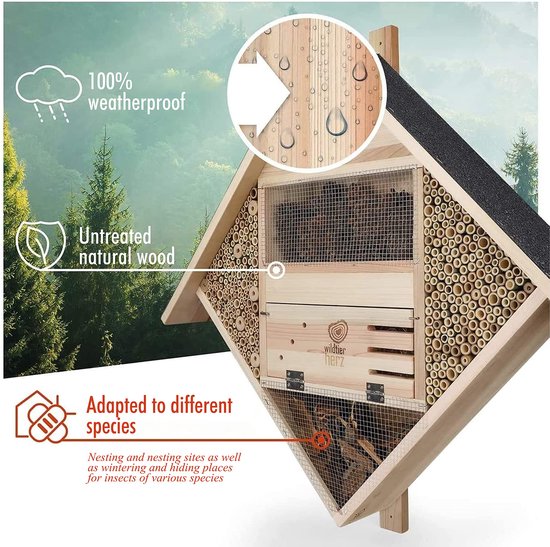 Wildtier Herz® XXL Insectenhotel / Bijenhotel - 85x82 cm, - Massief hout - Handgemaakt met lokstof