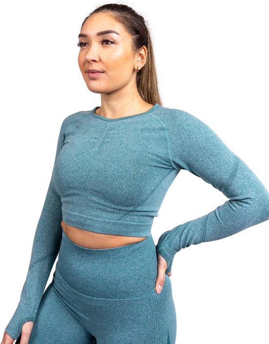 JT Supply – Shape – Naadloze Sporttop lange mouwen – Seamless Sporttop – Longsleeve Crop Top – Sportshirt – Sport BH – Fitness Beha – Fitness BH – Fitness Top – Yoga Crop Top – Yoga Long Sleeve Top - Groen