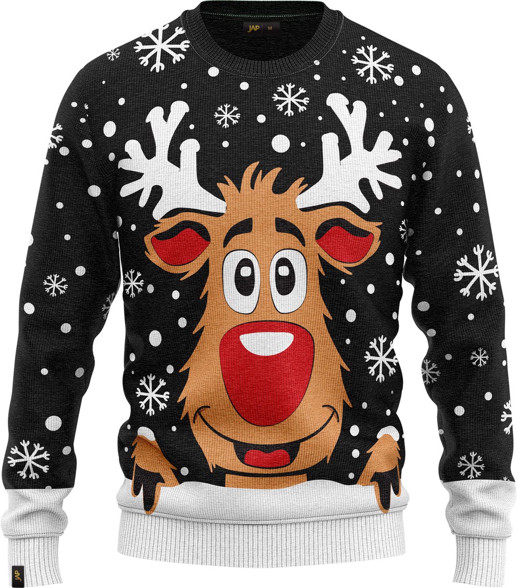 JAP Christmas Kersttrui voor kinderen (maat 122/128) - 100% Gerecycled - Kriebelt niet - Kerstcadeau - Foute Kersttrui jongens en meisjes (7/8 jaar) - Rudolf het Rendier - Zwart