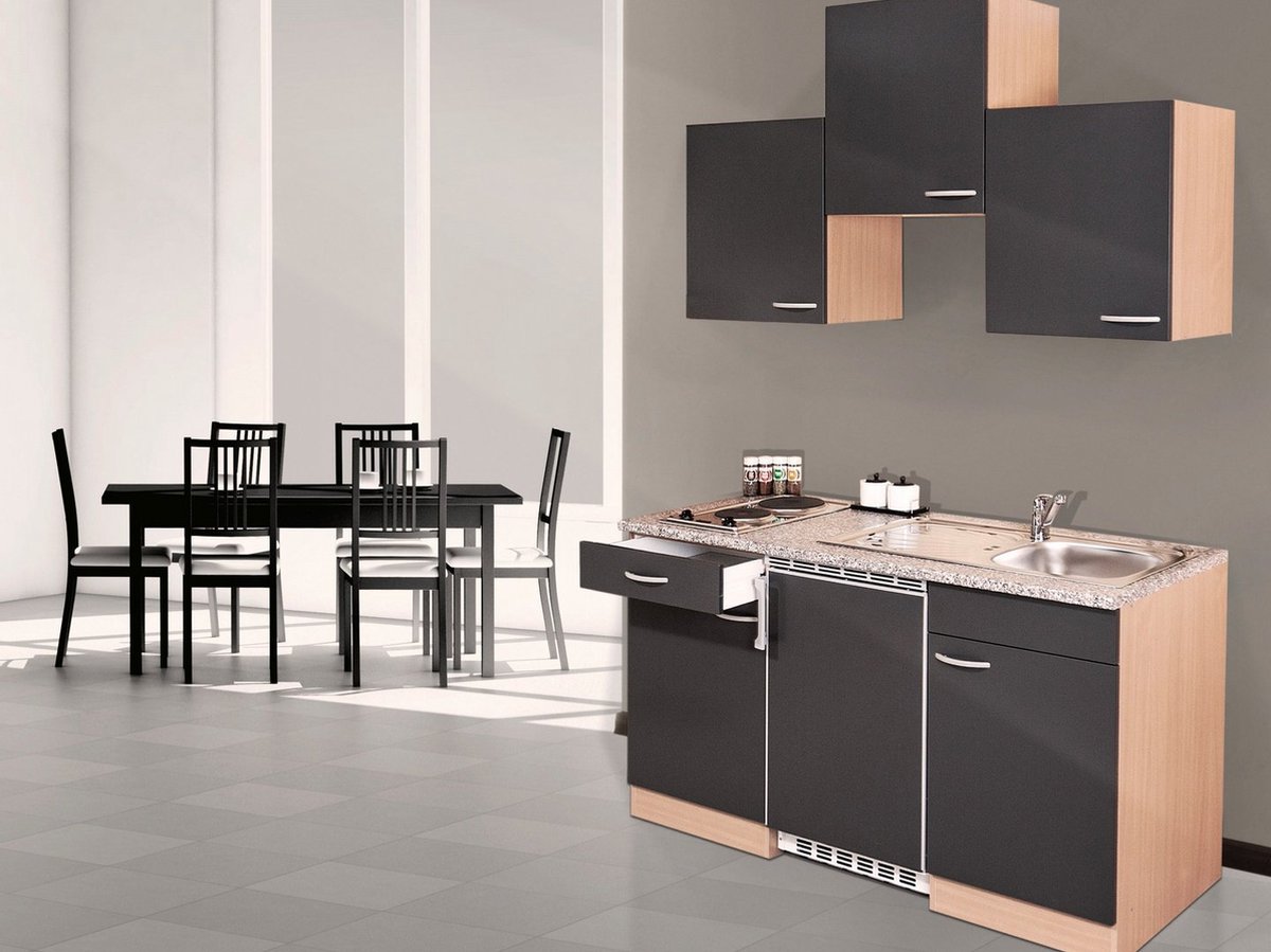 Goedkope keuken 150 cm - complete kleine keuken met apparatuur Gerda - Beuken/Grijs - keramische kookplaat - koelkast - mini keuken - compacte keuken - keukenblok met apparatuur