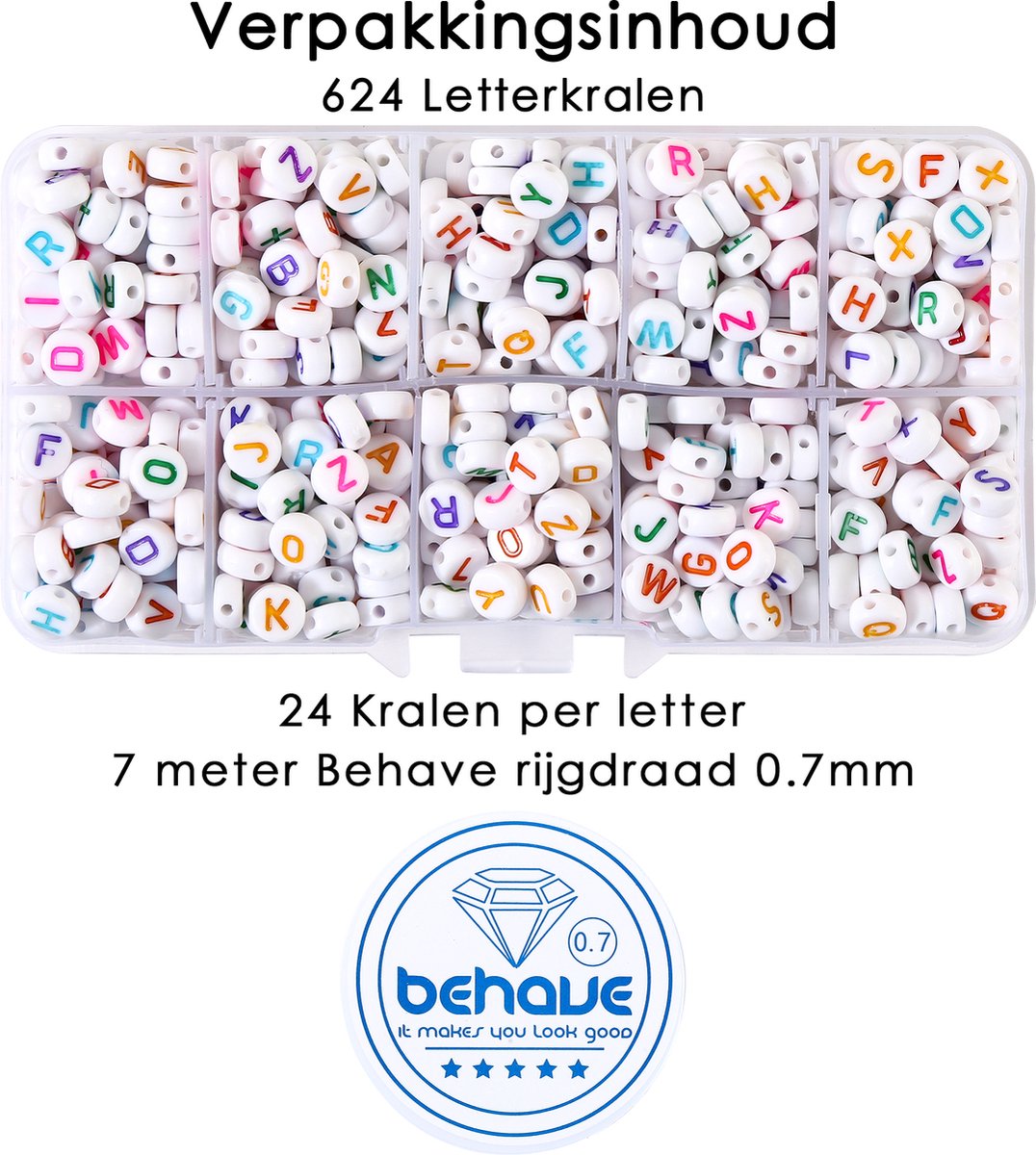 Behave Letterkralen Set - Wit met Multi Kleur Letters - Acryl - Kralen - Alfabet Kralen - Bedels - 7mm - 624 Stuks — afbeelding 6
